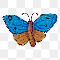 Vintage butterfly png blue watercolor, transparent background
