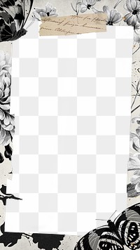 Grayscale floral png frame, wrinkled paper transparent design