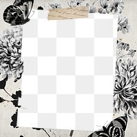 Grayscale floral png frame, wrinkled paper transparent design