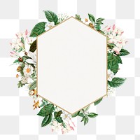 PNG Floral hexagon badge, white flower design, transparent background