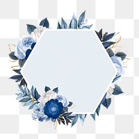 PNG Winter flower badge, blue hexagon shape design, transparent background