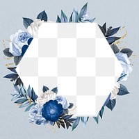 Winter flower png frame, blue hexagon shape transparent design