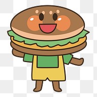 Burger character png clipart illustration, transparent background. Free public domain CC0 image.