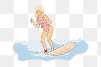 Surfing woman png sticker, transparent background. Free public domain CC0 image.