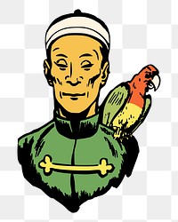 Chinese man with parrot png illustration, transparent background. Free public domain CC0 image.