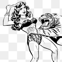 Woman fighting the tiger png illustration, transparent background. Free public domain CC0 image.