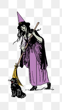 Png witch and black cat clipart, transparent background. Free public domain CC0 image.