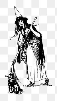 Png witch and a cat clipart, transparent background. Free public domain CC0 image.