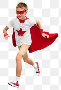Png boy playing superhero, isolated collage element, transparent background