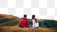 PNG Couple sitting on hill border, transparent background