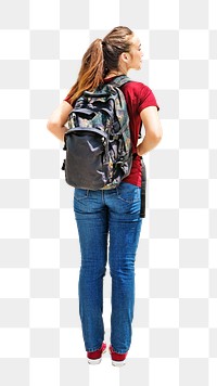 Png woman backpack, isolated collage element, transparent background