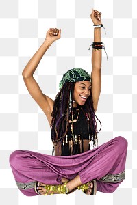 Png hippie black woman, isolated collage element, transparent background
