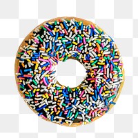 Colorful sprinkled donut png, aerial view, transparent background