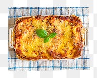 Homemade lasagna png, on a kitchen cloth, transparent background