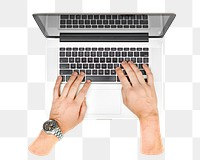 Png hand on laptop, isolated object, transparent background