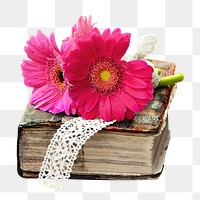 Png flower on book, isolated collage element, transparent background