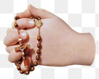 Png holding cross rosary, isolated collage element, transparent background