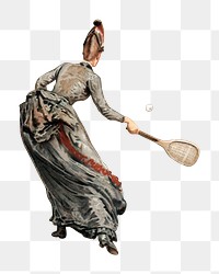 PNG Vintage woman playing tennis illustration transparent background. Remixed by rawpixel.