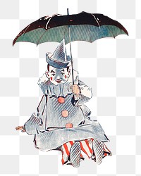 PNG Clown holding umbrella, vintage illustration by George Reiter Brill, transparent background.  Remixed by rawpixel. 