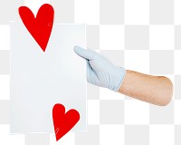 PNG Gloved hands holding a card  decorated with red hearts transparent background