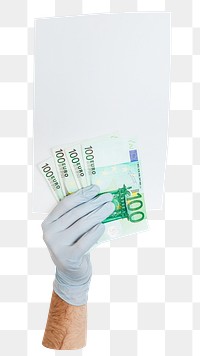 PNG Gloved hands holding a blank paper with banknotes  transparent background