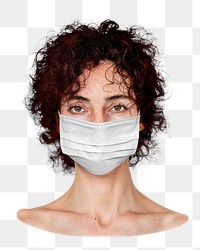 PNG Curly haired woman wearing a face mask, collage element, transparent background