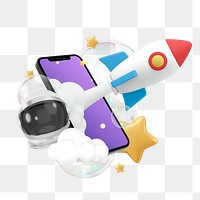 Rocket launching png out of phone, 3D space travel remix, transparent background