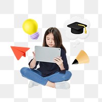 Girl using tablet png, education technology 3D remix, transparent background