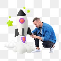 Business entrepreneur png launching rocket, startup 3D remix, transparent background