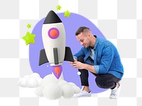 Business entrepreneur png launching rocket, startup 3D remix, transparent background