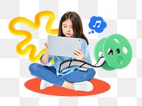 Girl playing tablet png, kids entertainment, 3D remix, transparent background