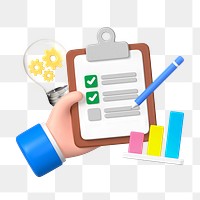 3D company evaluation png sticker, hand holding checklist remix, transparent background