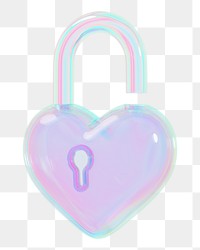 Iridescent heart padlock png 3D element, transparent background