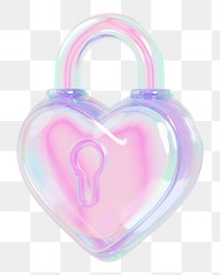 Iridescent heart padlock png 3D element, transparent background