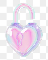 Iridescent heart padlock png 3D element, transparent background