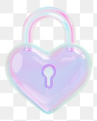 Iridescent heart padlock png 3D element, transparent background