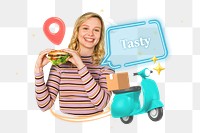 Tasty, food delivery png word element, 3D collage remix, transparent background