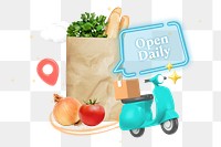 Shop open daily png word element, 3D collage remix, transparent background