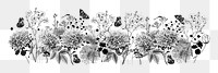 Black and white flower png divider, botanical illustration, transparent background