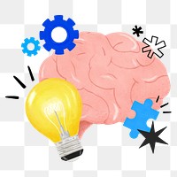 Creative ideas brain png, light bulb, business remix, transparent background