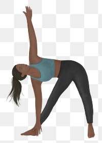 Black woman stretching png, wellness illustration, transparent background