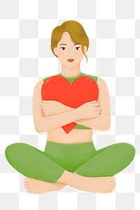 Woman hugging heart png, self-care character illustration, transparent background