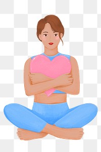 Woman hugging heart png, self-care character illustration, transparent background