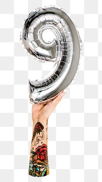 PNG number nine balloon in tattooed hand, collage element, transparent background