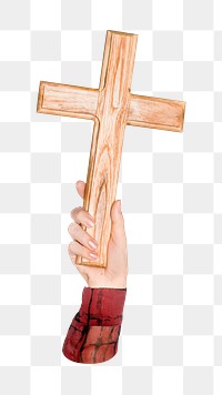 PNG Wooden cross in hand, collage element, transparent background