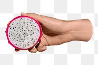 Hand png holding dragon fruit slice, transparent background