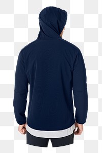 Man rear-view png wearing navy blue hoodie, transparent background