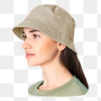 Png woman beige bucket hat and green t shirt, transparent background