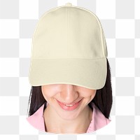 Happy woman png wearing beige cap, transparent background