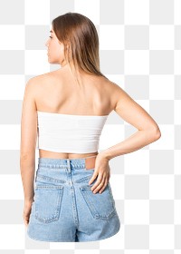 Png woman white bandeau top and jeans, streetwear apparel, rear view, transparent background